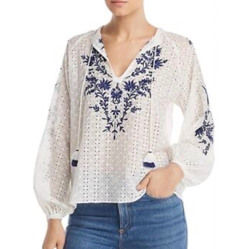 Jade Johnny Was Ramona Embroidered Eyelet Tassel Blouse Top Small Blue Whitw